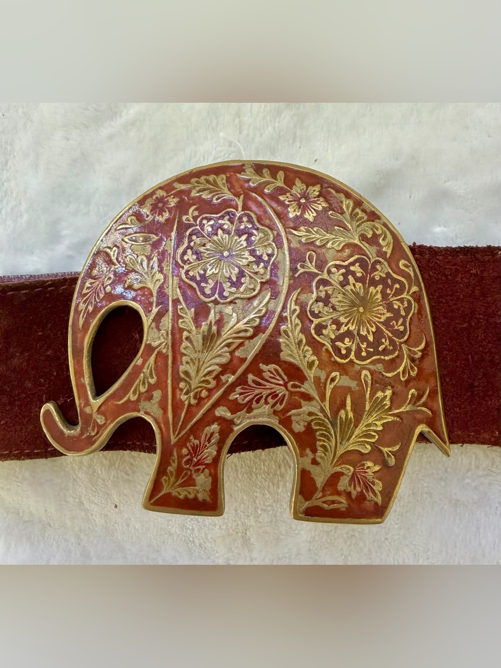 Enamel Brass Belt Buckle Elephant Floral Reddish Maroon Brown Detailed Vintage